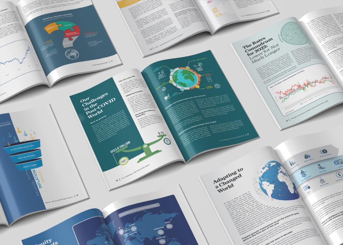 Selected few pages from an annual report showcasing different infographics, graphs and charts.